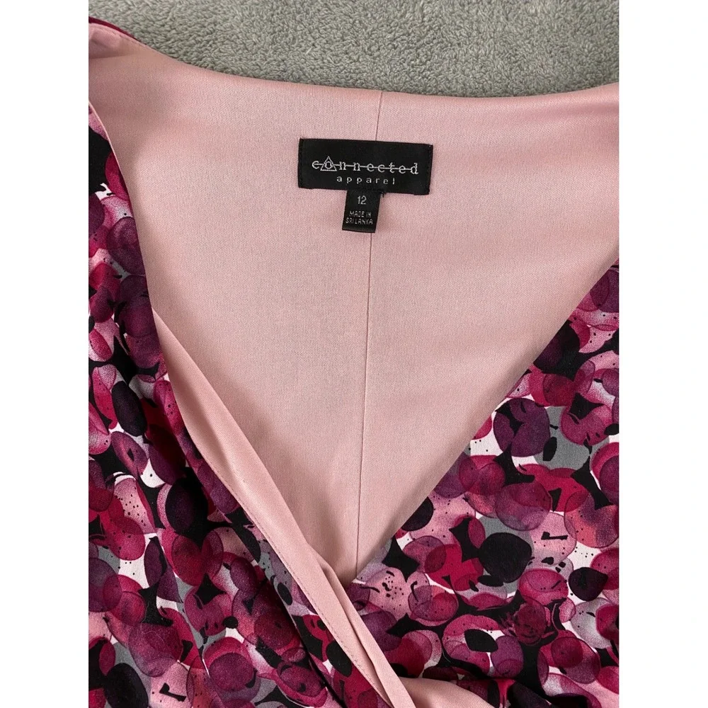 Connected Apparel Womens Pink Purple Abstract Dot Faux Wrap Ruched Dress Size 12